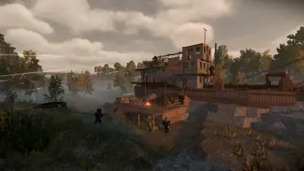 A captivating HD wallpaper showcasing a scene from STALCRAFT: X, featuring an industrial structure surrounded by lush foliage and mist, set against a cloudy sky.