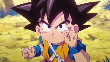 HD PC desktop wallpaper featuring Goku from Dragon Ball DAIMA in anime style, captured in a determined battle stance.