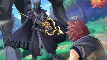 A dramatic scene from the video game Farmagia, featuring a cloaked figure wielding a golden staff, confronting a determined young warrior amidst a vibrant landscape.