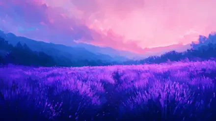 A vibrant lavender field stretches across the landscape, with rolling hills in the background under a colorful sky, captured in stunning 4K Ultra HD for a breathtaking desktop wallpaper.