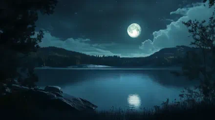4K Ultra HD wallpaper of a serene moonlit lake under a clear night sky, showcasing the bright full moon and natural landscape in peaceful nighttime nature.