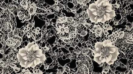 A detailed lace pattern with intricate designs and floral motifs on a black background, showcased in 4K Ultra HD for a visually striking desktop wallpaper.