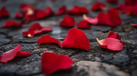 A close-up view of vibrant red rose petals scattered over a textured surface, creating a lush and romantic backdrop for a 4K Ultra HD PC desktop wallpaper.