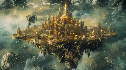 A stunning 4K Ultra HD wallpaper featuring a floating city with golden architecture, surrounded by clouds and stars, creating a magical and ethereal atmosphere.