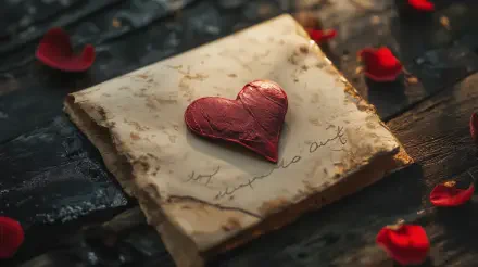 A close-up of a love letter featuring a red heart, surrounded by scattered rose petals, captured in stunning 4K Ultra HD detail for a captivating desktop wallpaper.