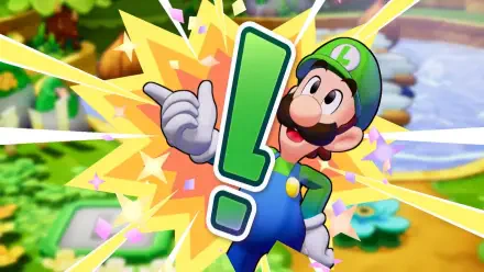 Luigi from Mario & Luigi: Brothership celebrates with a cheerful expression and a dynamic pose, set against a vibrant, colorful background in this HD PC desktop wallpaper.