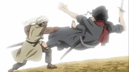 An action-packed anime scene from Future Folktales, captured in HD, showing two characters engaged in mid-air combat against a bright background.