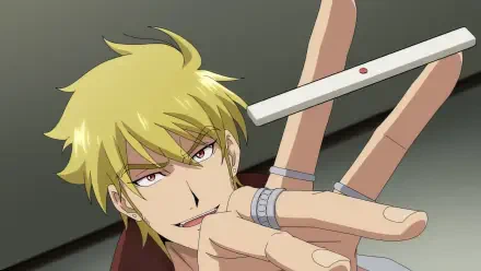 A confident character from the anime Touhai: Ura Rate Mahjong Touhai Roku showcases a sly smile, holding a Mahjong tile amidst dynamic hand gestures. HD wallpaper for anime fans.