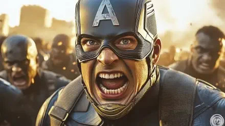 An intense close-up of Captain America from the Avengers, showcasing his fierce expression and iconic costume. This HD image serves as a dynamic desktop wallpaper and background.