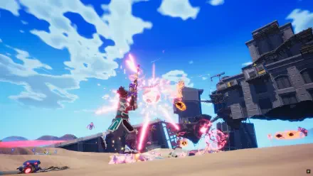 An adventurous scene from the video game Atomic Picnic, featuring a character battling with colorful energy blasts against a backdrop of a futuristic landscape and vibrant sky.