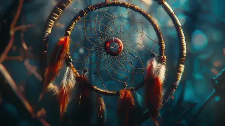A close-up of a dreamcatcher adorned with colorful feathers, set against a tranquil, blurred background, presented as a stunning 4K Ultra HD PC desktop wallpaper.