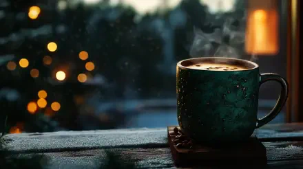 A cozy coffee scene featuring a steaming mug on a wooden surface, with blurred outdoor lights in the background, captured in vibrant 4K Ultra HD detail.