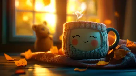 A cozy coffee cup with a smiling face sits on a warm blanket, surrounded by autumn leaves, with a soft glow from a window in the background. 4K Ultra HD wallpaper.