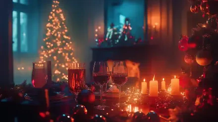 A cozy New Year's Eve setting featuring a beautifully lit Christmas tree, elegant glasses, glowing candles, and festive decorations, creating a warm holiday atmosphere.