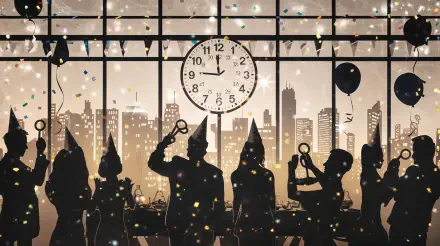 Silhouetted figures celebrate New Year's Eve against a city skyline, with a large clock striking midnight and colorful confetti adding a festive atmosphere in this 4K Ultra HD wallpaper.