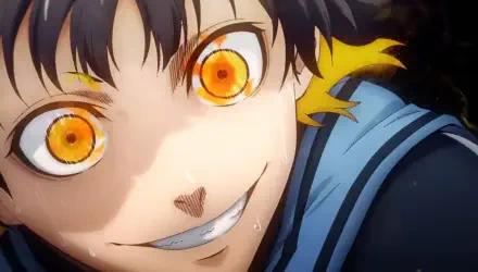 Vibrant HD wallpaper featuring Bachira Meguru from the anime Blue Lock, showcasing his energetic expression and striking orange eyes against a dynamic background.