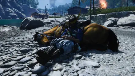 A tranquil scene from the video game Ghost of Tsushima, featuring a character resting beside a horse on a rocky landscape, surrounded by a serene nature backdrop.