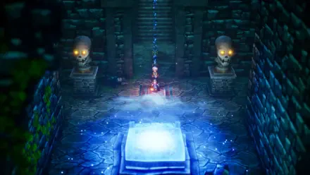 A mystical scene from the DRAGON QUEST III HD-2D Remake, showcasing a character near a glowing altar in a dimly lit stone chamber, surrounded by eerie statues and magical effects.