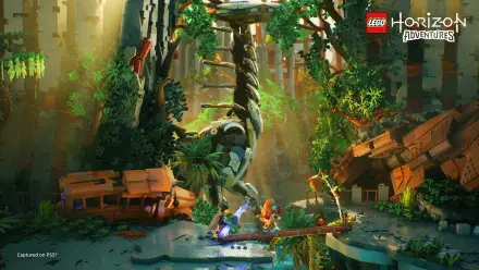 A vibrant HD wallpaper from LEGO Horizon Adventures, featuring a lush jungle scene with characters exploring ruins and a robotic creature amidst vibrant greenery and sunlight.