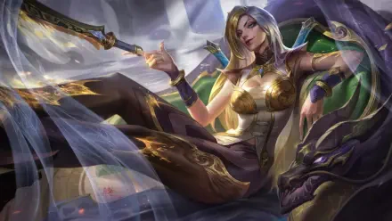 Katarina from League of Legends reclines confidently amidst mystical elements in this vibrant 8K Ultra HD wallpaper, showcasing her dynamic character and intricate design.
