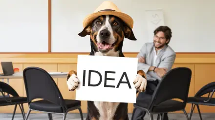 A cheerful dog in a straw hat holds a sign reading IDEA, while a man in the background smiles, creating a lighthearted atmosphere. This colorful image serves as a fun 4K Ultra HD desktop wallpaper.