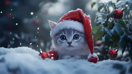 A festive cat wearing a Santa hat sits in the snow, surrounded by holiday decorations, capturing a charming Christmas scene in vibrant 4K Ultra HD detail.