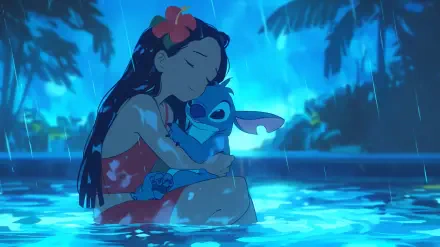 Lilo embraces Stitch in a serene, rain-soaked scene from the animated TV show Lilo & Stitch, surrounded by lush greenery and glowing blue hues, creating a beautiful HD wallpaper.