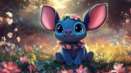 A kawaii depiction of Stitch from *Lilo & Stitch*, surrounded by colorful flowers in a vibrant, sunlit meadow, perfect as a charming HD desktop wallpaper.