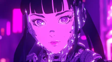 A vibrant anime girl with glowing features and neon highlights, set against a purple background, showcasing a futuristic aesthetic in this 4K Ultra HD desktop wallpaper.