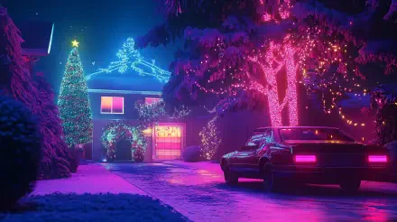A vibrant Christmas scene featuring a glowing house and decorated trees, illuminated by colorful lights, set in a retrowave aesthetic. A classic car is parked nearby. 4K Ultra HD wallpaper.
