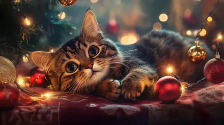 A playful cat lies among Christmas decorations, surrounded by twinkling lights and colorful ornaments, creating a cozy holiday scene. Great as a 4K Ultra HD desktop wallpaper.