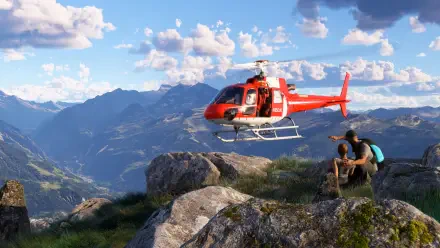 A scenic view from Microsoft Flight Simulator 2024 featuring a vibrant red helicopter hovering above mountains, with a couple of adventurers observing the landscape below.