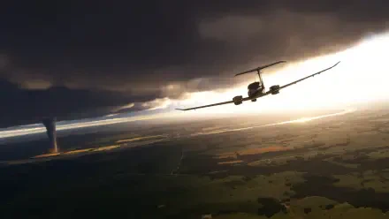 A dramatic scene from Microsoft Flight Simulator 2024, showcasing an aircraft soaring through dark clouds, with sunlight piercing the horizon, captured in stunning 4K Ultra HD.