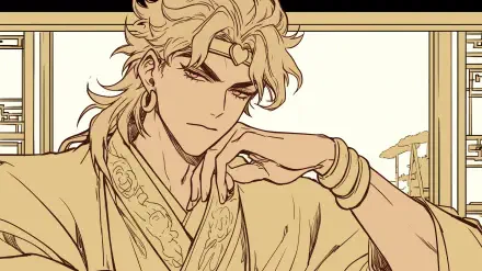 A detailed illustration of Dio Brando from Jojo's Bizarre Adventure, featured in a high-definition anime wallpaper, showcasing his charismatic and confident demeanor.