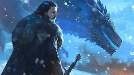 Jon Snow stands with a sword, facing a powerful dragon amidst a snowy landscape, capturing the epic essence of Game of Thrones. This HD wallpaper enhances any desktop background.