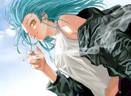 A dynamic character from Sakamoto Days, with striking blue hair and a playful expression, holds a cigarette against a vibrant sky, featured in a detailed 4K Ultra HD anime wallpaper.
