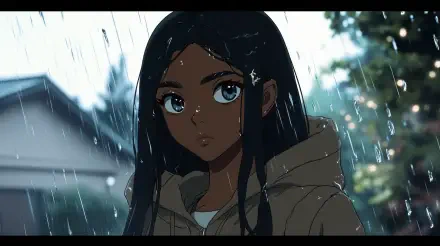 A stunning 4K Ultra HD anime wallpaper featuring a black anime girl with long, dark hair, gazing thoughtfully as rain falls around her, creating a captivating and atmospheric scene.