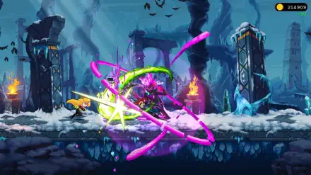 An action-packed scene from the video game Spirit Mancer, featuring vibrant colors and dynamic spellcasting amidst a mystical, icy landscape. HD wallpaper for gamers.