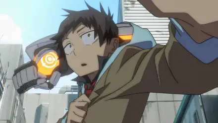 A young character with mechanical arms looks surprised, set against a vibrant urban backdrop. This HD PC desktop wallpaper captures a dynamic anime scene.