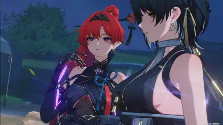 A dynamic HD wallpaper featuring characters Yinlin and Rover from the video game Wuthering Waves, set against a moody backdrop.