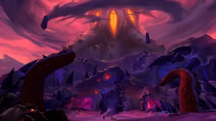 A dramatic landscape from World of Warcraft: The War Within featuring N'Zoth, with ominous structures and a vivid sky, creating an immersive HD backdrop for fans of the game.