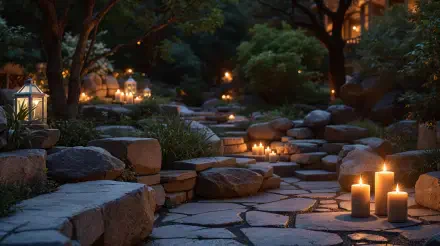 A serene garden pathway illuminated by candles and lanterns, creating a cozy evening ambiance. This image serves as a stunning 4K Ultra HD desktop wallpaper and background.