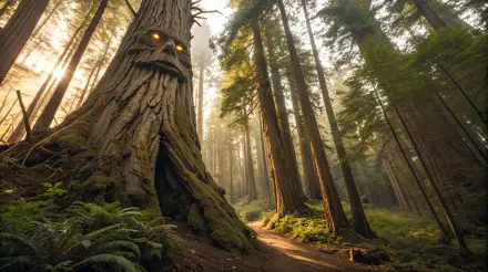 A majestic treant with glowing eyes stands in a misty forest, surrounded by towering trees and lush ferns. This enchanting scene makes for a captivating 4K Ultra HD desktop wallpaper.