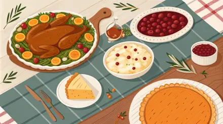 A festive Thanksgiving dinner spread features a beautifully roasted turkey, cranberry sauce, creamy mashed potatoes, pumpkin pie, and cheese, all arranged on a decorative table setting.