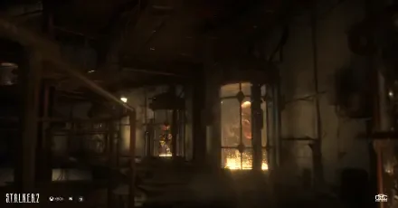 A haunting HD wallpaper from S.T.A.L.K.E.R. 2: Heart of Chernobyl, depicting a dimly lit interior filled with industrial elements and eerie lighting effects.