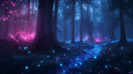 A mesmerizing bioluminescent forest with glowing blue and pink flora, creating an ethereal atmosphere, perfect for a vibrant 4K Ultra HD PC desktop wallpaper and background.