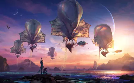 A stunning 8K Ultra HD wallpaper from the movie *Avatar: Fire and Ash*, depicting soaring airships against a vibrant sunset and distant landscapes.