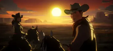 HD desktop wallpaper from the TV show What If... featuring animated characters in cowboy attire riding horses at sunset.
