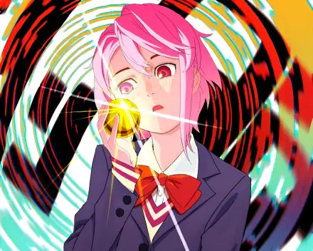 Aira Shiratori from the anime Dandadan holds a glowing orb, set against a dynamic, swirling multicolor background in this HD PC desktop wallpaper.