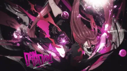 HD PC desktop wallpaper featuring Aira Shiratori from the anime Dandadan, showcasing dynamic action with vibrant pink and dark tones.